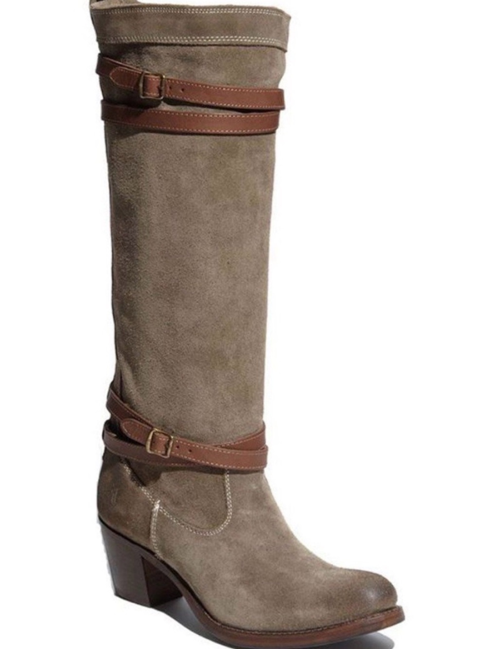 Frye Jane Knee Suede Boots with Brown Strap with Buckle Accent.